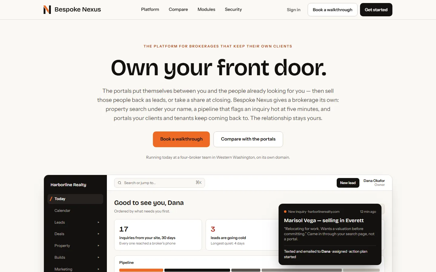 Bespoke Nexus: a landing page reading Own your front door, above a brokerage dashboard with a lead pipeline