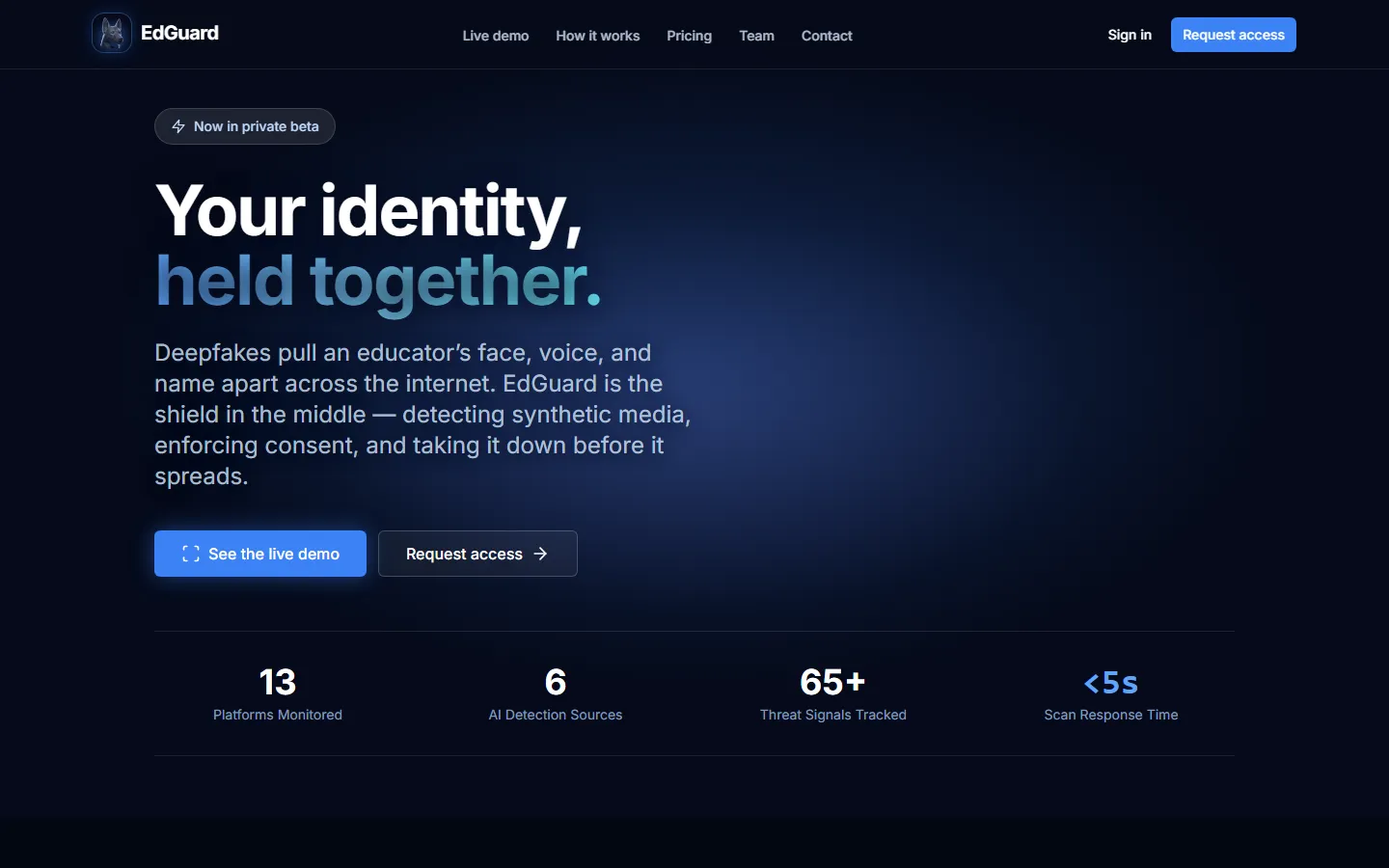 EdGuard: a dark landing page reading Your identity, held together, with a live demo button and a request access button