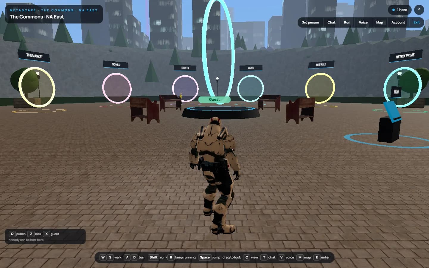 MetaScape: the Commons, a paved plaza ringed by portals to the Market, Homes, Events, Work, the Wall and Metrix Prime, with a guest avatar in the middle