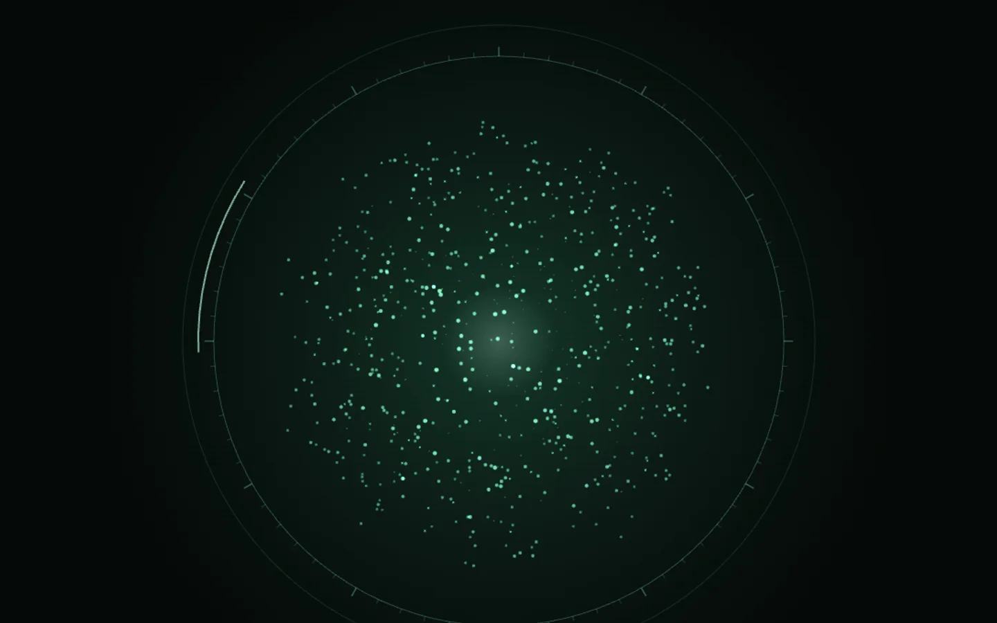 METRIX Command, the voice console: a green particle orb inside a dial, waiting for authentication